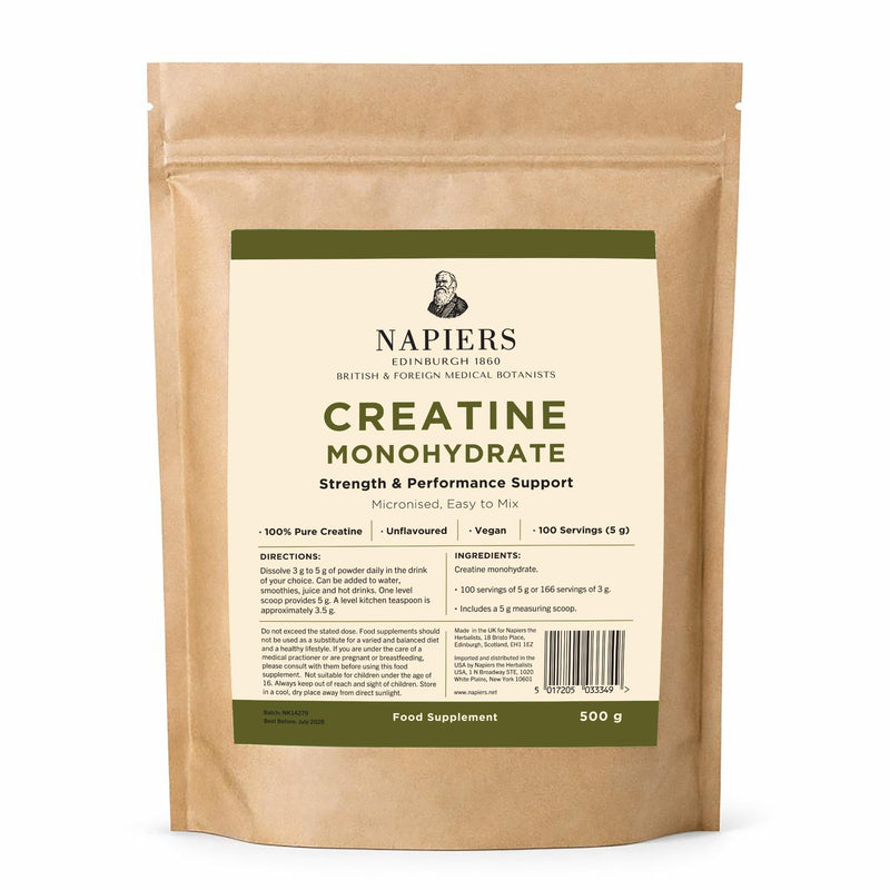 Napiers Creatine Monohydrate Powder - 100% Pure Micronised Creatine - Unflavoured Vegan Strength and Performance Support - 500g (100 Servings)