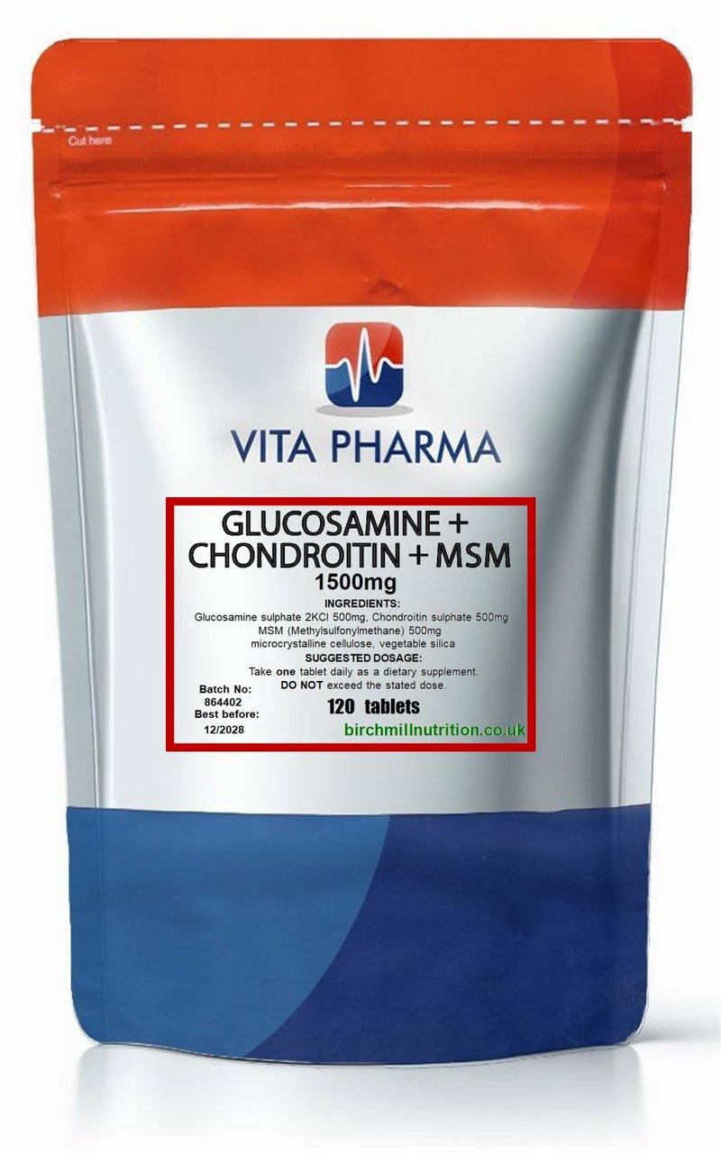 VITAPHARMA Glucosamine and Chondroitin MSM High Strength Supplement 120 Tablets, Helps Maintain Cartilage Strength and Flexibility for Comfortable Daily Movement
