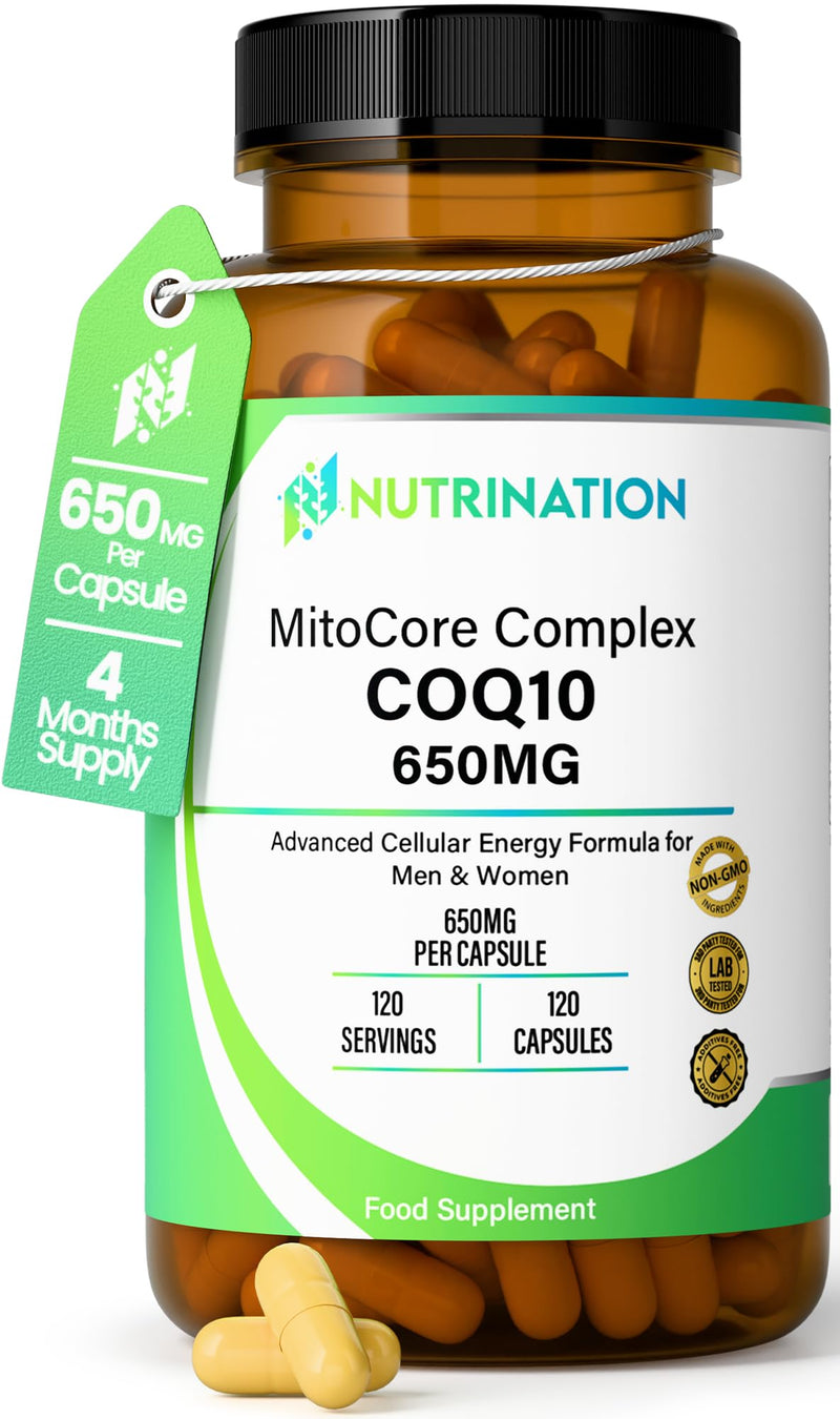 CoQ10 Supplement 650mg Complex–500mg CoQ10 Ubiquinone Coenzyme Q10 with Zinc, Folate & Selenium–120 Capsules for Men & Women, Fertility & Cellular Energy Support–Lab Tested