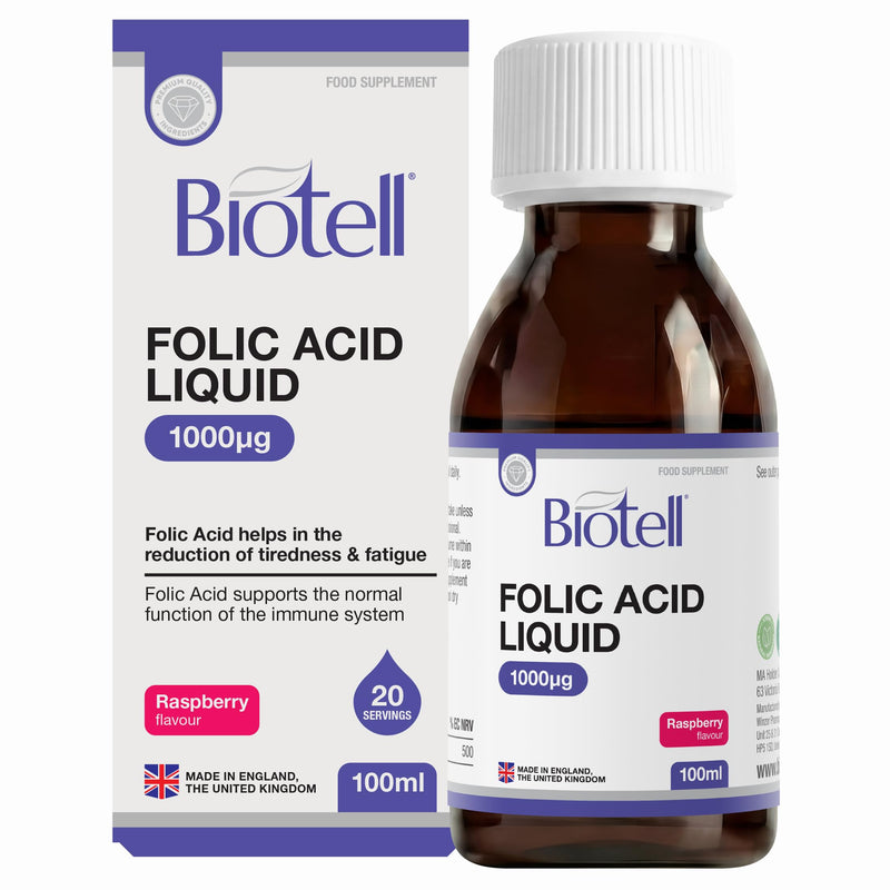 High Strength Folic Acid Liquid 1000µg per 5ml, Pregnancy Vitamins for Women, High Dose Prenatal Folate Supplement, Reduces Tiredness, Supports Blood Formation, Vegan Vitamin B9, UK Made 100ml
