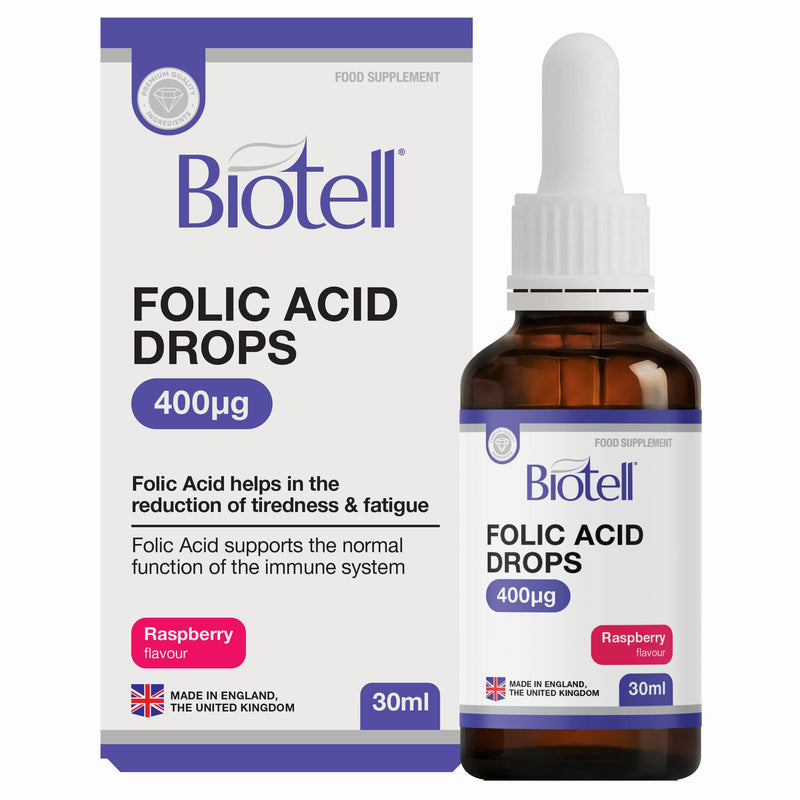Folic Acid Drops 400µg per 1ml, Pregnancy Vitamins for Women, Concentrated Prenatal Folate Supplement, Reduces Tiredness and Fatigue, Vegan Vitamin B9 Dropper, Raspberry Flavour, UK Made 30ml