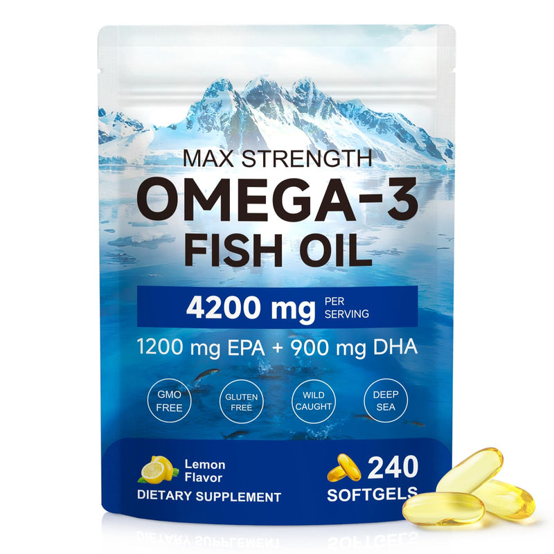 Max Strength Omega 3 Fish Oil - 4200mg per Serving, 240 Lemon Flavored Softgels | High Potency 1200mg EPA + 900mg DHA | Wild-Caught Norwegian Source | Enteric Coated, Burpless & Non-GMO