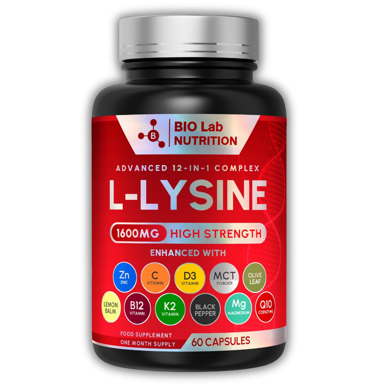 L-Lysine 1600mg High Strength - Advanced 12-in-1 Complex for Lip & Skin Health - with Zinc, Vitamin C, D3 & Lemon Balm - Triple UK Lab Tested - 60 Vegan Capsules