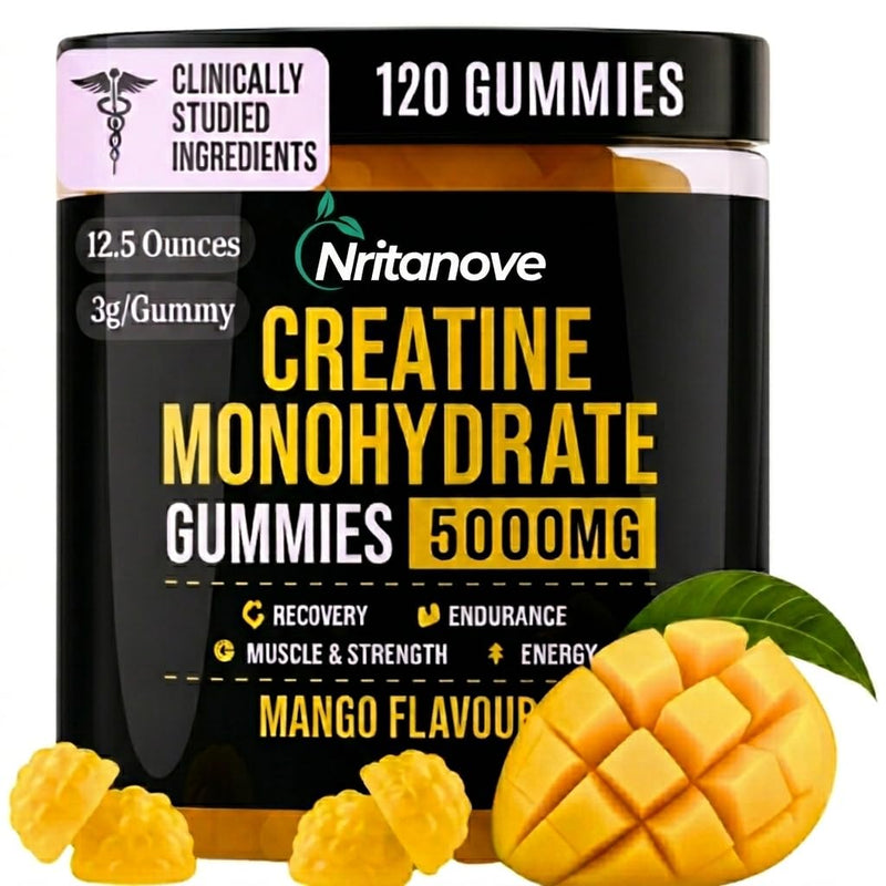 Sugar-Free Creatine Monohydrate 5000mg Gummies, 120 Count, Mango Flavour, High-Strength Creatine Gummy Supplement for Workout & Gym Support for Men & Women
