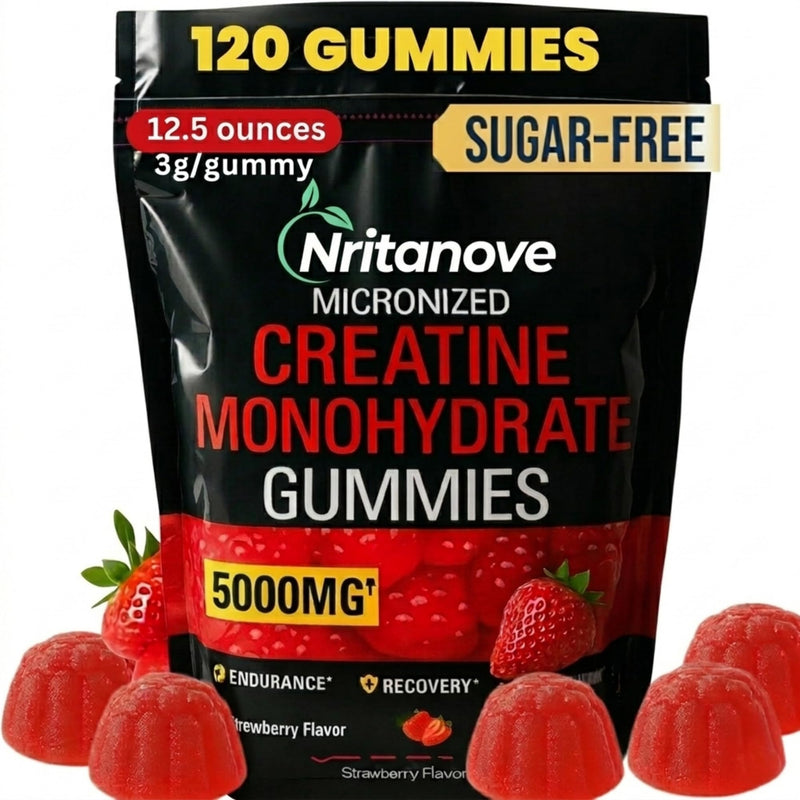 Sugar-Free Creatine Monohydrate 5000mg Gummies, 120 Count, Strawberry Flavour, High-Strength Creatine Gummy Supplement for Workout & Gym Support for Men & Women