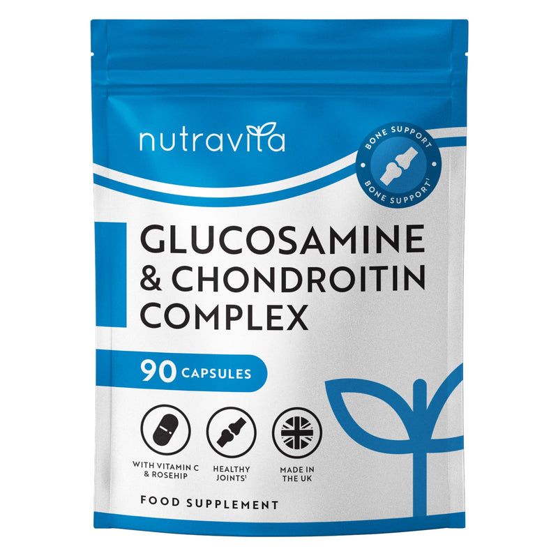 Nutravita Glucosamine and Chondroitin - 90 Capsules - Glucosamine and Chondroitin High Strength - 6-in-1 Complex with Added Vitamin C, Turmeric, Ginger & Rosehip - Food Supplements Made in The UK
