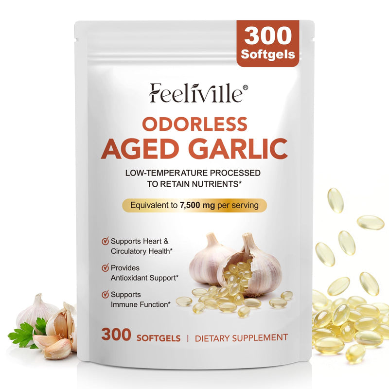 Aged Garlic Extract Capsules | 300 Softgels | Odourless Garlic Capsules | High Strength | Cold Pressed | Non-GMO, Gluten-Free, Heart Health, Antioxidant & Immune Support