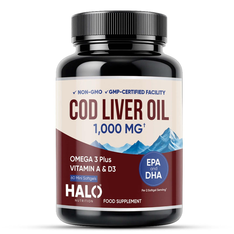 Cod Liver Oil Softgels 1000MG | Omega 3 + Vitamin A & D3 | Wild Caught Cod Liver Oil, Sustainable Sourced & Molecularly Distilled | EPA DHA Omega 3 Supplement for Bone, Eye & Immune Health | 60 Ct