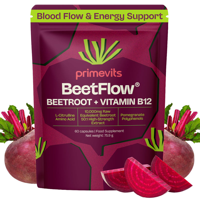 Beetroot Capsules with Vitamin B12 – 10,000mg Beetroot Extract 50:1 with L-Citrulline & Pomegranate Polyphenols | Nitric Oxide & Circulation Support | Energy & Endurance | 60 Vegan Capsules