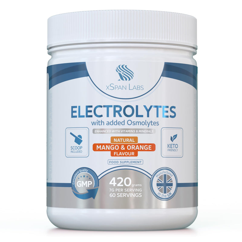Electrolyte Powder — Natural Mango & Orange, 60 Servings — Electrolytes & Osmolytes with Magnesium, Potassium, Sodium — Keto, Vegan, Sugar-Free Hydration Drink Mix — UK Made, GMP Certified