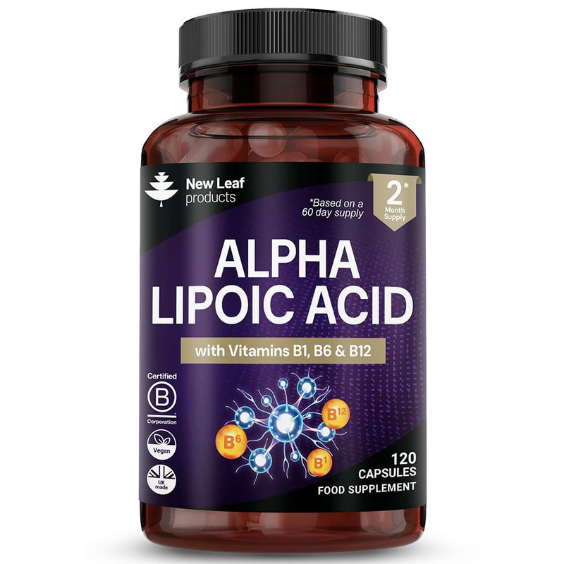 Alpha Lipoic Acid Complex with Vitamin B12, B6 & Thiamine 600mg ALA Daily Serving, 120 Capsules, 2 Month Supply - B Vitamins Contribute to Normal Nervous System Function, Neuropathy & Nerve Support