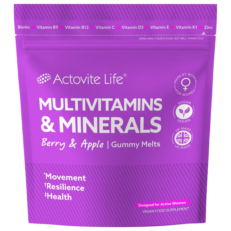 Actovite Multivitamin Gummies for Active Women | Movement + Immunity + Health | Targeted Blend: B-Complex Vitamin C/D/K Biotin Zinc | Multivitamins & Minerals | 60 x Vegan Berry & Apple Soft Gummies
