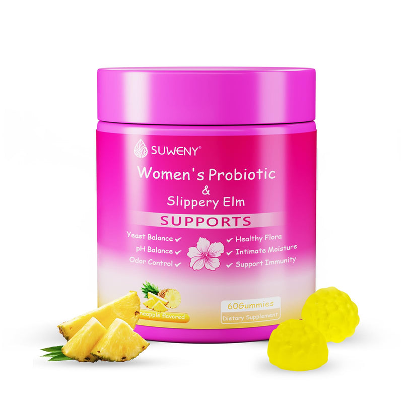 Feminine Probiotics Gummies for Women, Vaginal Probiotics for pH Balance, Odor, Yeast & Flora Balance, Gut Health & Immune Support with Slippery Elm, Prebiotics & Lactobacillus, Pineapple, 60 Gummies