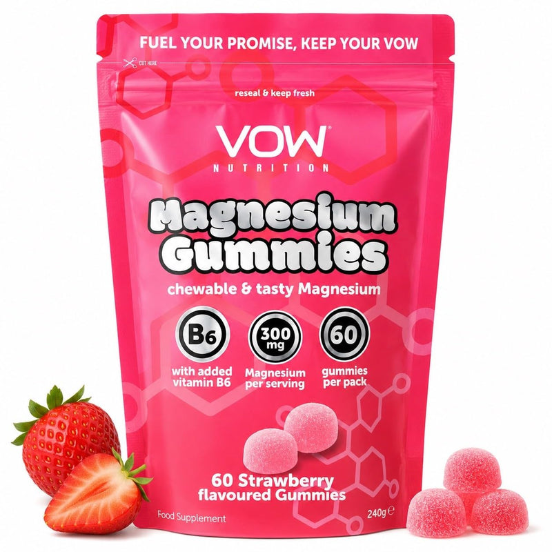 VOW Nutrition Magnesium Citrate Gummies, 300mg with Vitamin B6, Energy & Muscle Support, 60 Gummies, Tropical & Strawberry Flavours (Strawberry)