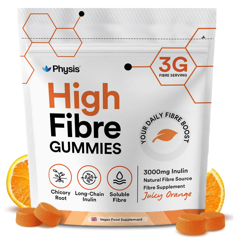 Physis Fibre Gummies 3000mg - High Fibre Supplement | Natural Inulin Soluble Fiber | Chicory Root Digestive System Support | Prebiotics for Gut Health | Vegan Natural Orange 60 x Gummies | 1 Month