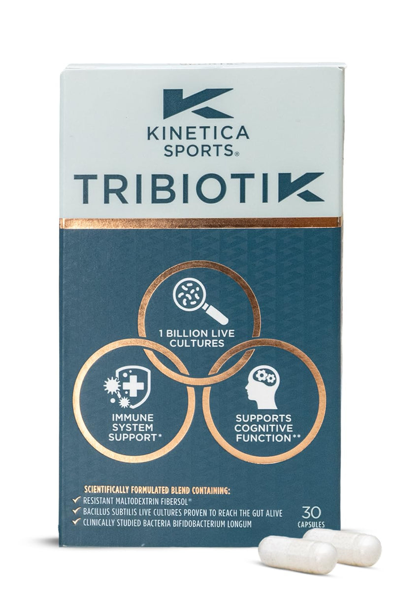 Kinetica Sports Tribiotik Probiotic - 30 Capsules | 1 Billion Live Cultures | Bacillus Subtilis DE111® & Fibersol®| Vitamin B6 & Zinc |Gut & Digestion Support | WADA Prohibited Substances Batch Tested