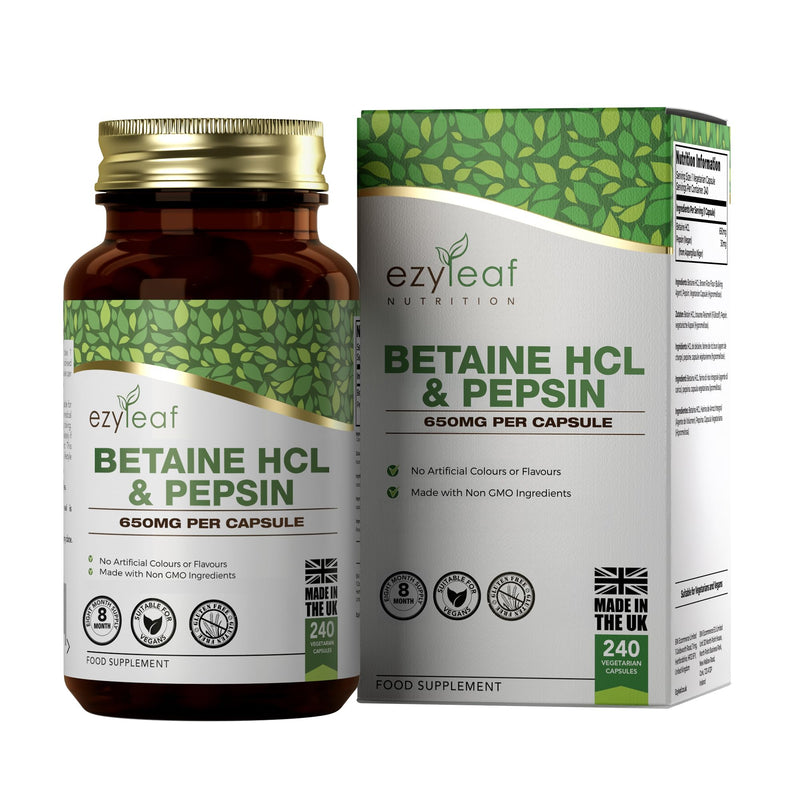 Ezyleaf Betaine HCL with Pepsin 650mg | 240 Vegan Capsules | Betaine Hydrochloride with Pepsin | Digestive Enzyme Supplements | No Artificial Ingredients | ISO Certified, Gluten Free Non-GMO 240 count (Pack of 1)