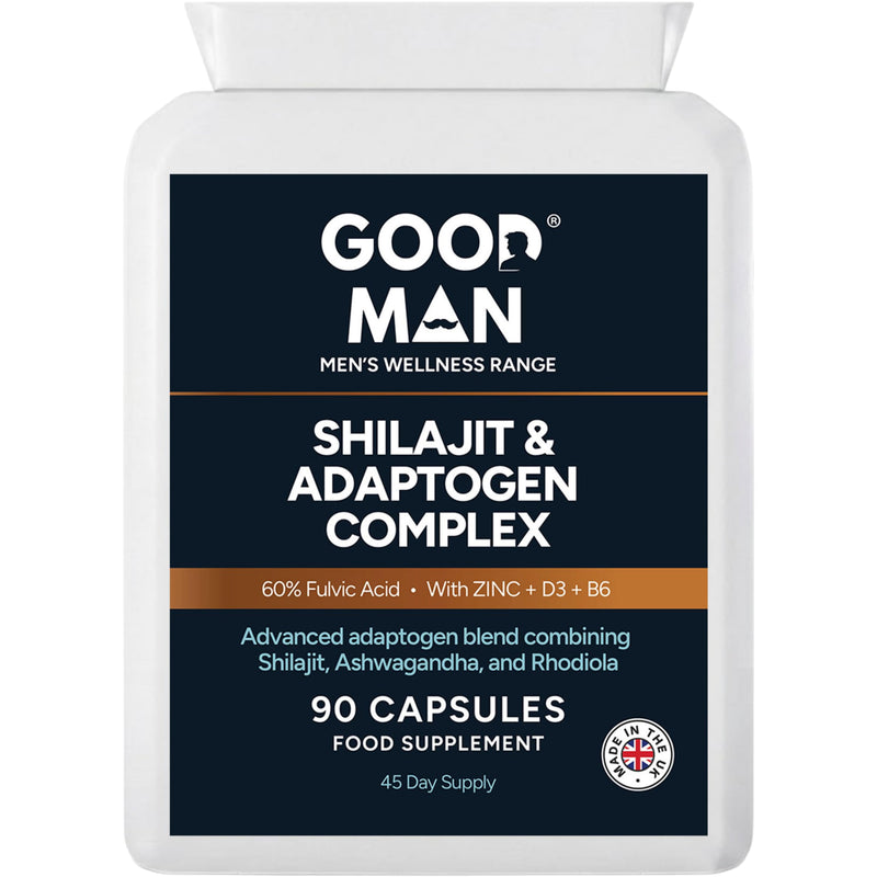 Good Man Shilajit Complex Capsules | 60% Fulvic Acid with Ashwagandha, Rhodiola, Zinc, Vitamin D3 & B6 | Adaptogen Supplement for Energy & Cognitive Support | Veg | 90 Capsules | UK Manufactured