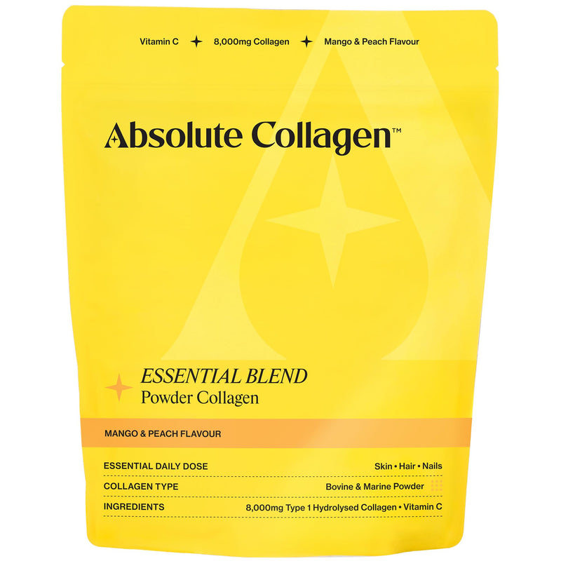 Absolute Collagen Essential Blend Halal Powder Collagen | Mango & Peach Flavour | 8000mg Collagen (5000mg Bovine & 3000mg Marine) | 60mg Vitamin C | Supports Hair, Nail & Skin Health | 28 Servings 4 Week Supply
