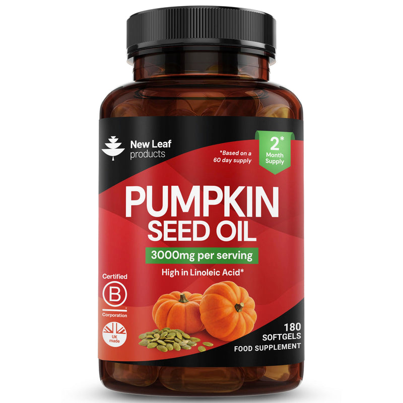 Pumpkin Seed Oil Capsules 3000mg - 100% Cold Pressed – 180 Softgels – 1500mg Linoleic Acid - Omega 6-Pumpkin Seed Oil for Hair Growth - UK Made By New Leaf Products 50% Linoleic Acid