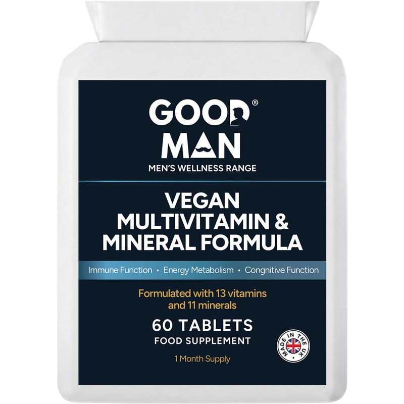 Good Man Vegan Multivitamin & Mineral Tablets | 13 Vitamins & 11 Minerals | B12, Iron, Calcium & Zinc | Energy, Immune & Bone Support | 60 Count | UK Manufactured