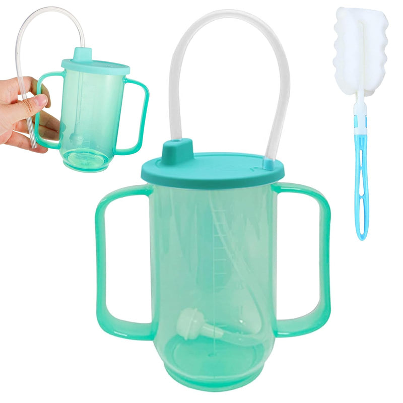 Beakers for Elderly,350ml Adult Sippy Cups for The Elderly Non Spill with Straw,Brush and Lid,Double Handles Spill-Proof Sippy Cups for Bedridden Elderly,Pregnant Women and Patient,Preventing Choking