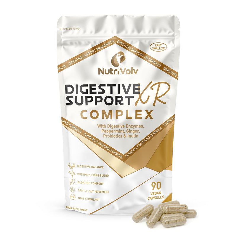 Digestive Support XR Complex | 90 Vegan Capsules | Premium Digestive Enzyme & Fibre Blend | Digestive Balance, Bloating Comfort & Gentle Gut Movement | Peppermint, Ginger & Probiotics | by NutriVolv