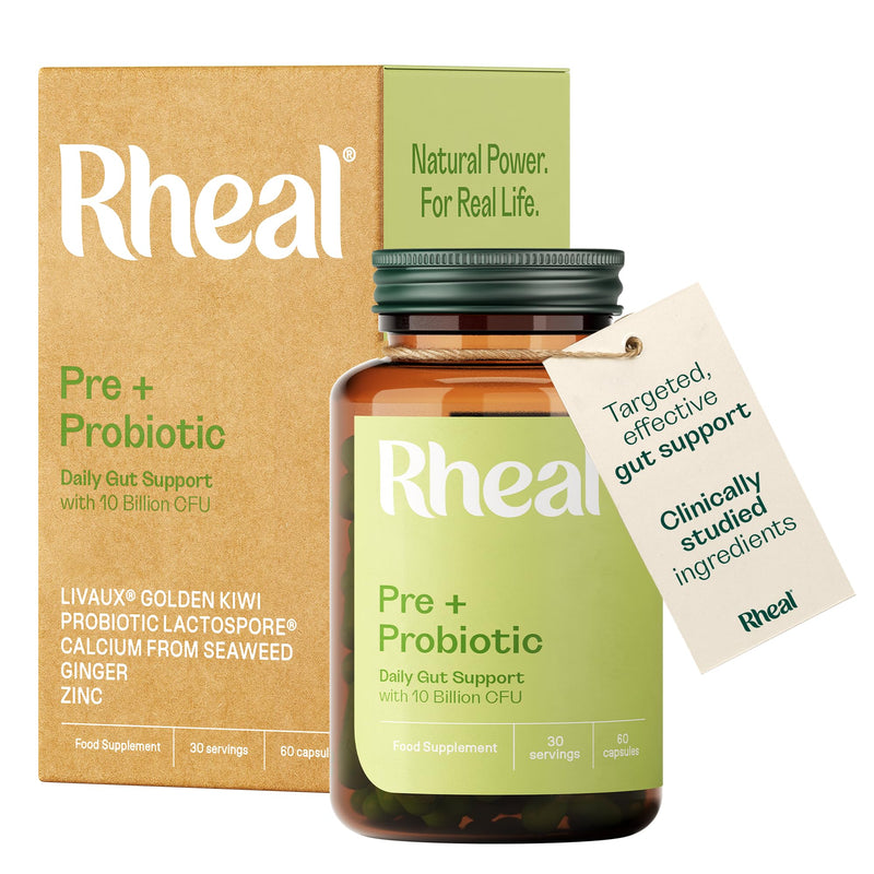 Rheal Pre + Probiotic Capsules – Gut Health Supplement with 10 Billion CFU, Lactospore® Probiotic & Prebiotic Fibre, Digestive Support for Bloating, Balance & Microbiome (30 Servings)