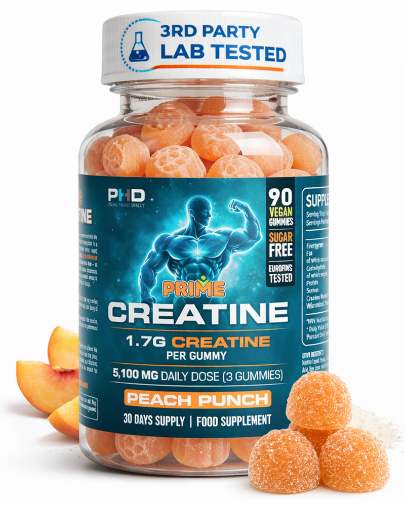 Prime Creatine Gummies - 1700mg per Gummy, High Strength Creatine Monohydrate - Sugar Free Vegan Supplement with 5,100mg Total Active Ingredients per 3-Gummy Serving - Peach Punch, 90 Gummies