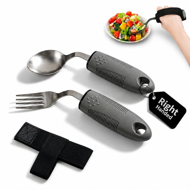 3 Pcs Right Handed Adaptive Cutlery for Adults, Angled Spoon and Fork with Fixing Strap - Easy Grip Disabled Cutlery for Arthritic Hands, Parkinson’s, Hand Tremors & Elderly