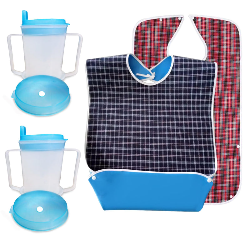 Set of Two Medisure Spill Proof Cups for Adults (300 ml) and Two Washable Adult Bibs for Elderly - Covered Drinking Cups for Adults, Waterproof Bibs for Elderly Eating, Senior Dining Aid