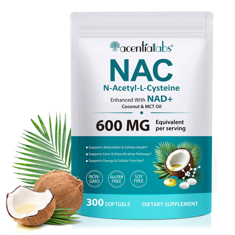 NAC Supplement 600mg with NAD+ & MCT Oil – N-Acetyl L-Cysteine Antioxidant for Glutathione Support – Liver Health & Cellular Energy Support – 300 Softgels – Non-GMO, Gluten Free – 100 Day Supply