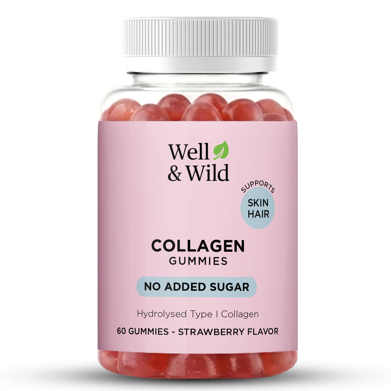 Well & Wild Collagen Gummies with Vitamin C – Marine Collagen Supplement for Skin & Hair Support – No Added Sugar – Strawberry Flavour – 60 Gummies (30 Day Supply)