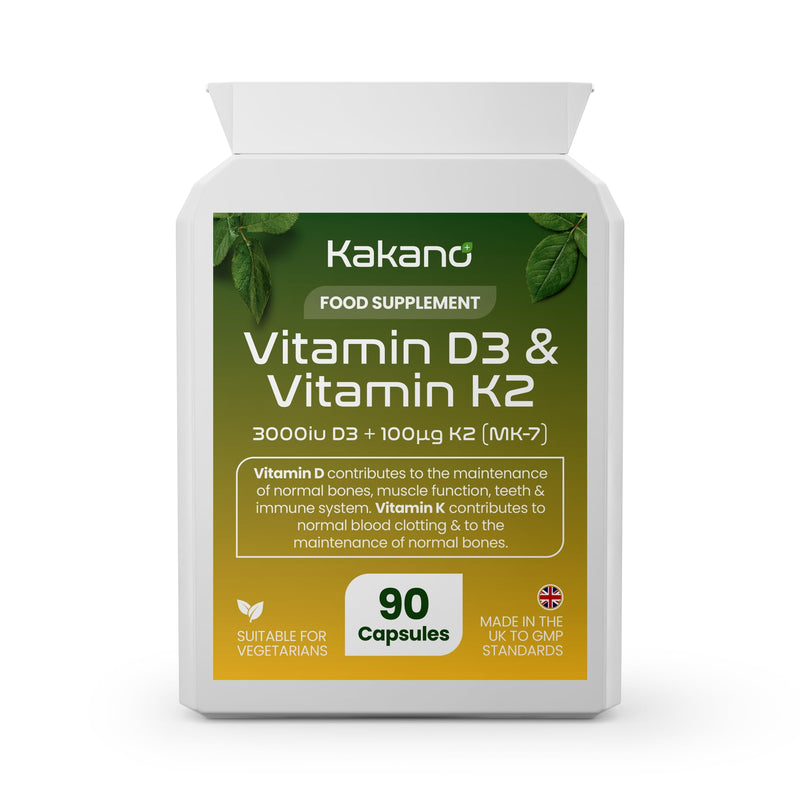 Vitamin D3 75µg (3000 IU) & Vitamin K2 MK7 100µg Capsules – 90 Count – Vegetarian Food Supplement