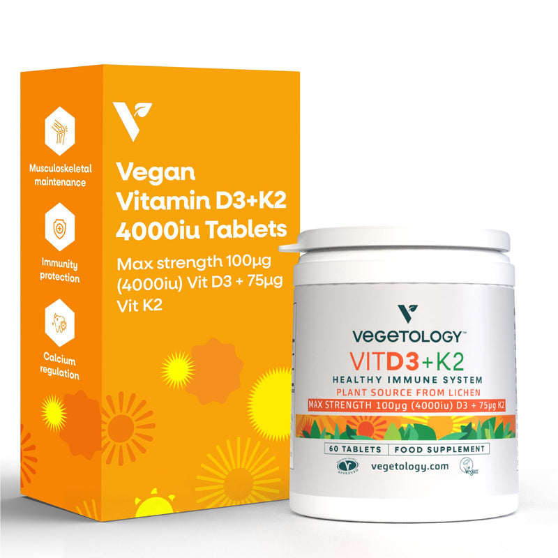 Vegetology Vegan Vitamin D3 K2 4000 IU - Plant-Based Vitamin D Tablets with K2 MK7 75μg - Bone, Muscle & Immune Support - 60 Tablets