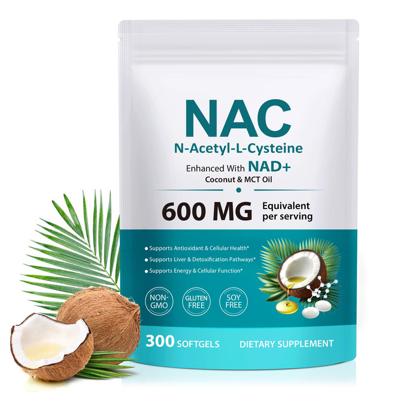NAC Supplement with NAD+, N-Acetyl L-Cysteine Softgels with Coconut Oil & MCT Oil, Supports Cellular Function & Antioxidant Support, Non-GMO, Gluten-Free, 300 Count
