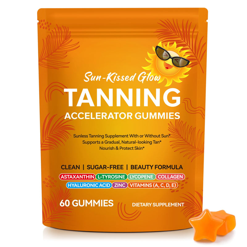 Tanning Gummies with Astaxanthin - Advanced Formula with L-Tyrosine, Beta-Carotene & Vitamins for a Sun-Kissed Glow*- Vegan, Watermelon Flavour, Sugar-Free - 60 Gummies (1-2 Month Supply)