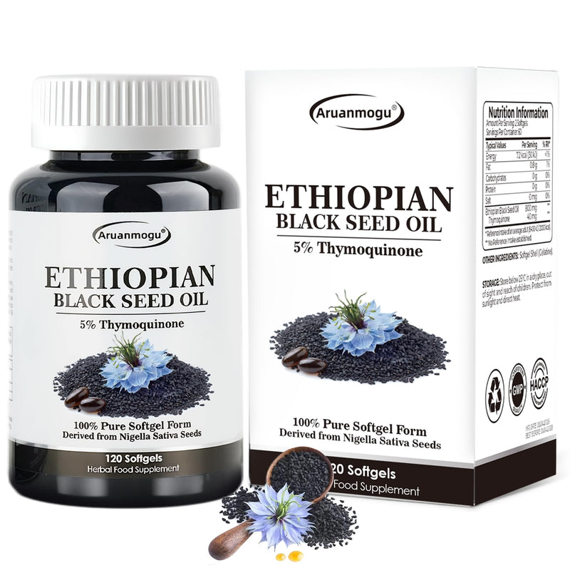 120 Softgels Ethiopian Black Seed Oil Capsules 5% Thymoquinone – Purely Nutrient Cold Pressed Black Cumin Seed Oil Softgels