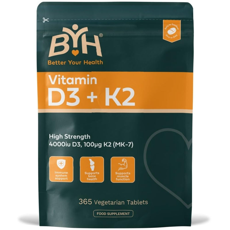 Vitamin D3 4000 IU + Vitamin K2 MK7 100μg High Strength Bone Health Immune Support Small Easy Swallow Tablets 365 Tablets Vegetarian 1 Year Supply UK Made Letterbox Friendly