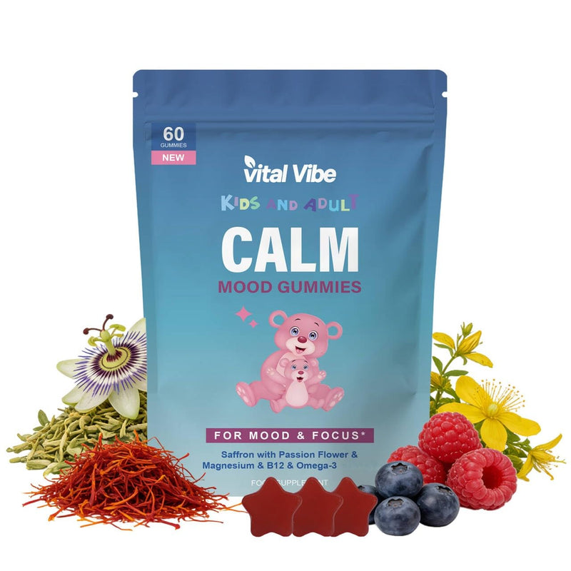 Calm Mood Gummies for Kids & Adults | Saffron, Passion Flower, Magnesium, Omega-3, B12 | Supports Mood & Focus | 60 Raspberry Flavour Gummies | Vegan & Gluten Free