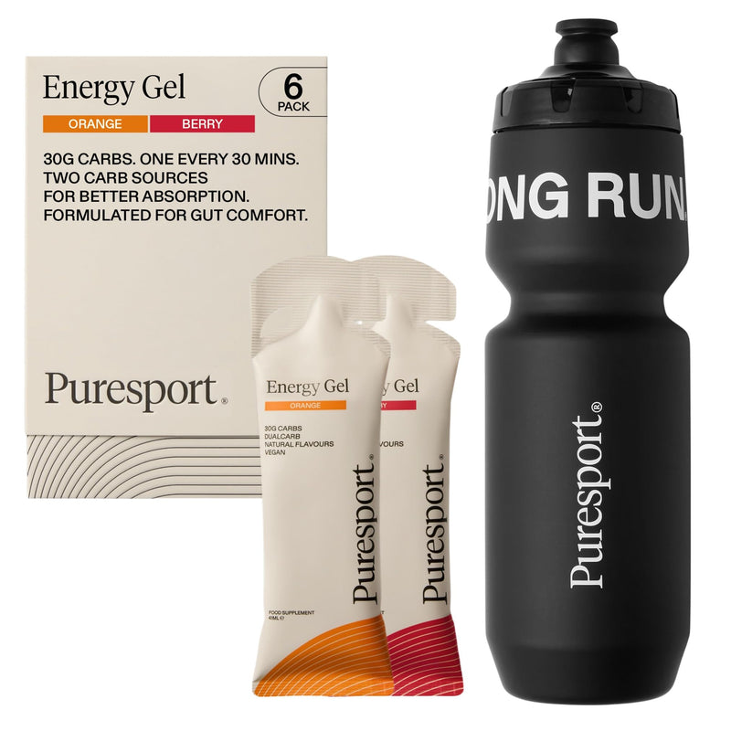 Puresport Energy Gels Variety Pack (Berry/Orange, 6 Pack) Fast-Release 30g DualCarb Gels Designed for Runners, Matte Black Sports Water Bottle