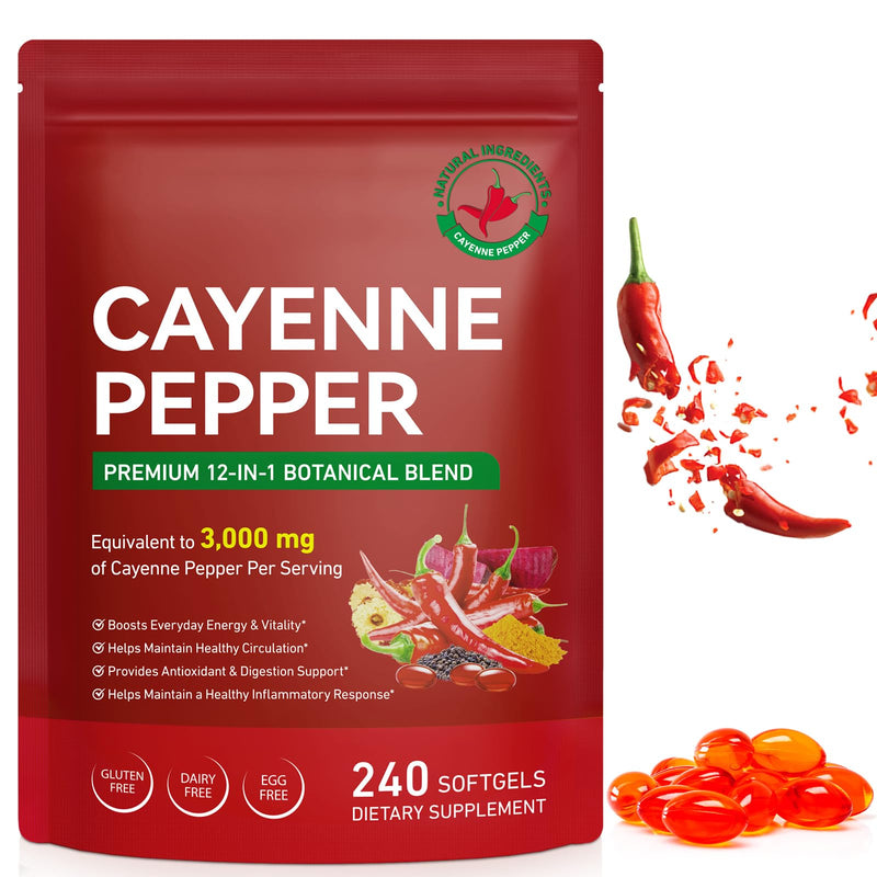 Cayenne Pepper Softgels – 12-in-1 per Serving with Vitamins D3, K2 & E – Supports Healthy Circulation, Digestion & Daily Energy –with Hawthorn, Beetroot & Turmeric, Easy to Swallow Softgels 240 Count