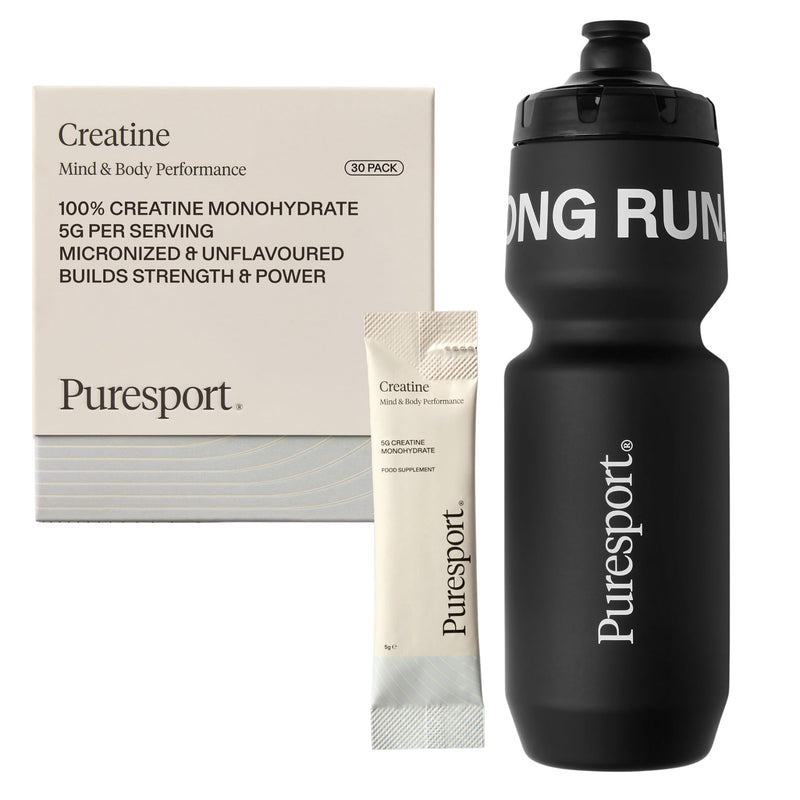 Puresport Creatine Monohydrate Powder (30 Pack), 5g Micronised Unflavoured Creatine Supplement Sachets with Matte Black Water Bottle
