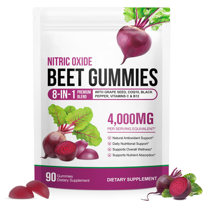 Beetroot Gummies, 4000mg Organic Beetroot Extract Supplement High-Concentration 8 in 1 Beetroot Supplement with Vitamin C, B12 CoQ10 Grape Seed Extracts, Boost Energy Levels &Heart Health 90 Chews (1)