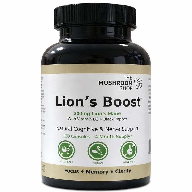 Lion’s Mane Capsules 200mg (10:1 Extract) – 120 Capsules (4 Month Supply) – with Vitamin B1 & Black Pepper – Mushroom Shop