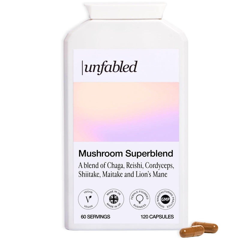 Unfabled Mushroom Superblend Capsules for Women, 120 Capsules, 900mg 6 Adaptogenic Mushrooms - Lion's Mane, Reishi, Cordyceps, Chaga, Maitake & Shiitake with Vitamin C & Turmeric, Made in UK