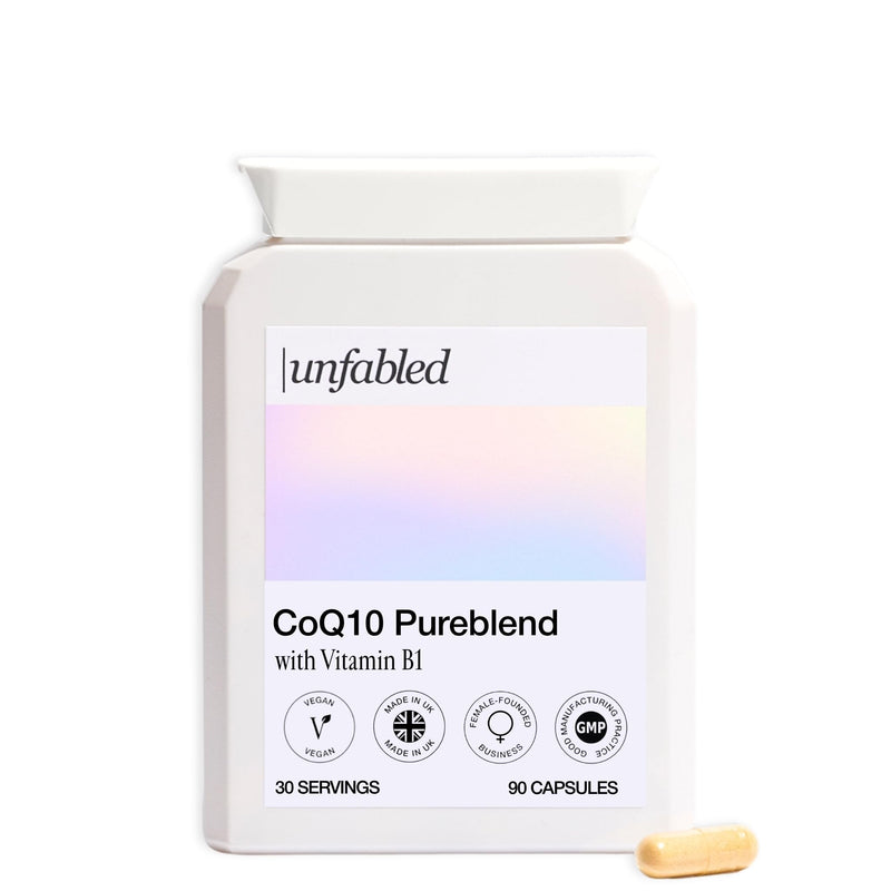Unfabled CoQ10 Capsules for Women, 90 Capsules, 100mg CoQ10 (Ubiquinone) with Thiamine (Vitamin B1), Contributes to Normal Heart Function & Energy-Yielding Metabolism, Made in UK