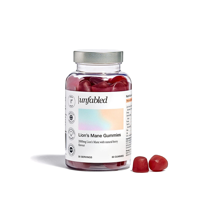 Unfabled Lion's Mane Gummies for Women, 60 Vegan Gummies, 2000mg Lion's Mane Fruit Body Extract 10:1, Traditional Mushroom Supplement, Fruit Body Only, Berry Flavour