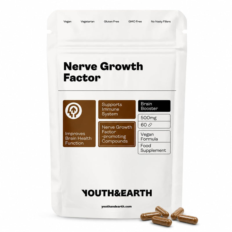 Youth & Earth Nerve Growth Factor (Lion's Mane Erinacines, Hericenones, Rhodiola, Ginseng, Bioperine) – 500mg, 60 Capsules