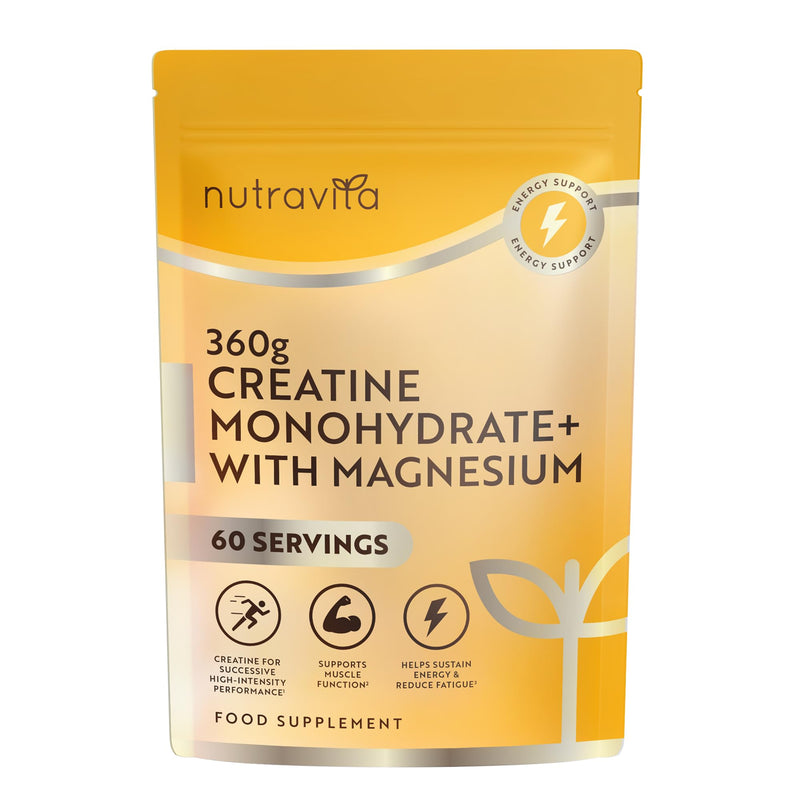Nutravita Creatine Monohydrate 3000mg with Magnesium 360mg - 360g Unflavoured Vegan Creatine Powder (60 Day Supply) - Pre Workout Supplement for Men & Women - Made in The UK